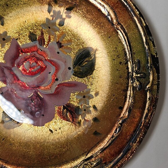 Antique Goofus Glass Dish With Rose Hand Painted Motif Reverse Painted Gold - Picture 3 of 8